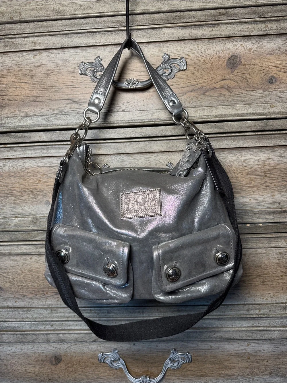 Vintage Y2K Coach Poppy Large Metallic Silver Bag with Front Pockets.  Like New.